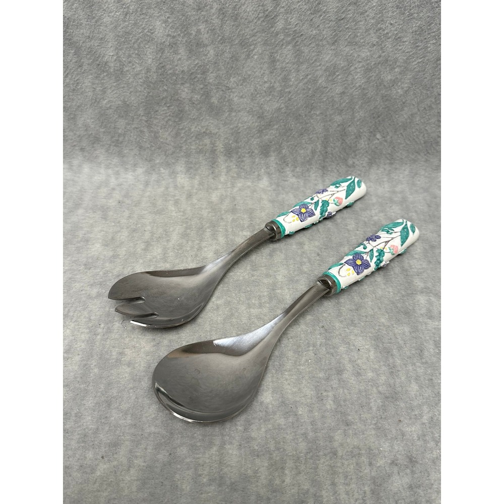 Vinrtage Salad Serving Set 10" Silver Floral Relief Resin Handles 2pc Spoon Fork
